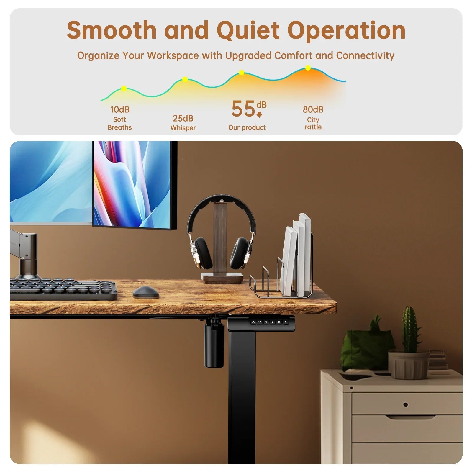 55" X 24" Electric Standing Desk, Adjustable Height Sit Stand up Desk with 4 Memory Pre-Set, Home Office Gaming Desk with Headphone Hook, Vintage Brown