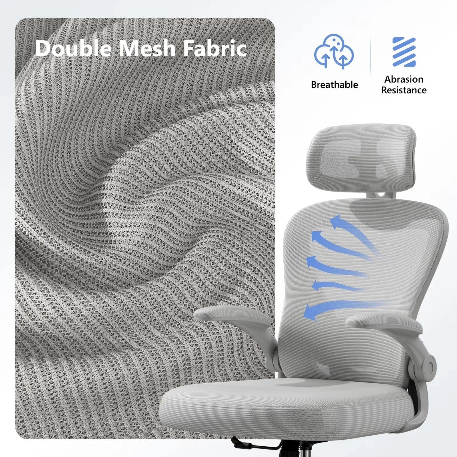 Gray ergonomic gaming chair with breathable double mesh fabric, headrest, and adjustable arms for comfort.