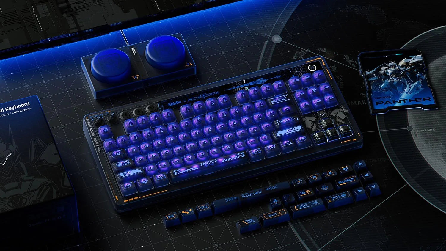 RGB mechanical gaming keyboard with blue backlighting, extra keycaps, and sci-fi themed PC gear.