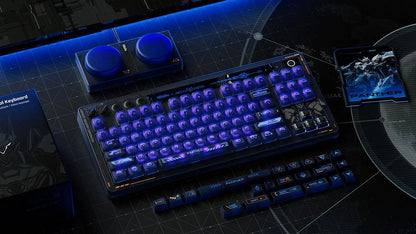 RGB mechanical gaming keyboard with blue backlighting, extra keycaps, and sci-fi themed PC gear.
