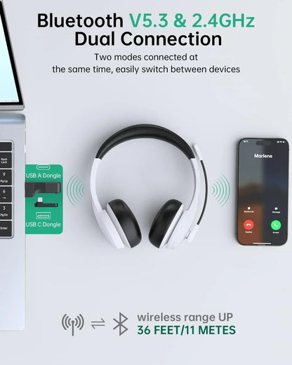 2.4Ghz Wireless Headset with Microphone for Work with AI Noise Cancelling & Mic Mute, Bluetooth V5.3 Headphones with Microphone for Computer, Mac, Laptop, Phone, Zoom, Call Center - White