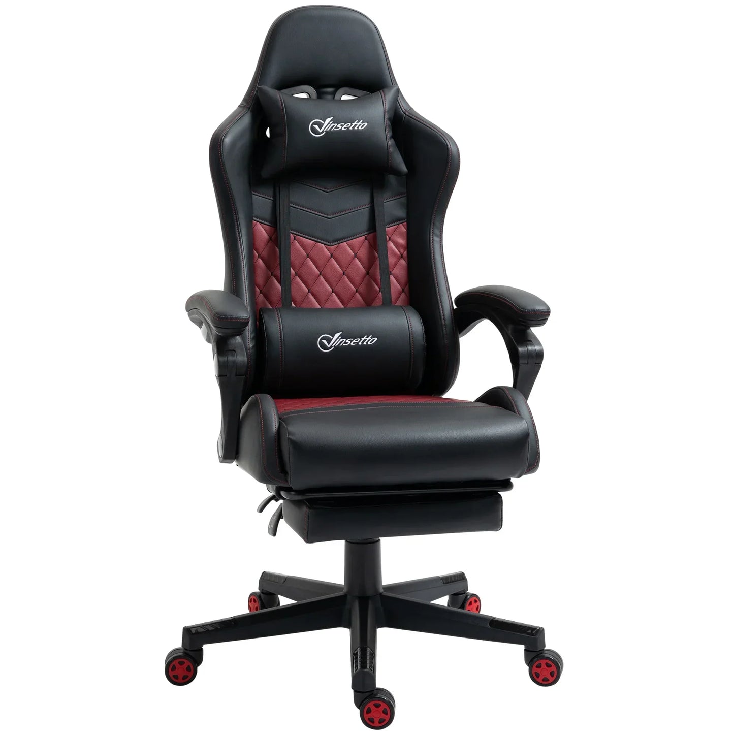 Vinsetto black and red ergonomic gaming chair with lumbar and neck support cushions on wheels
