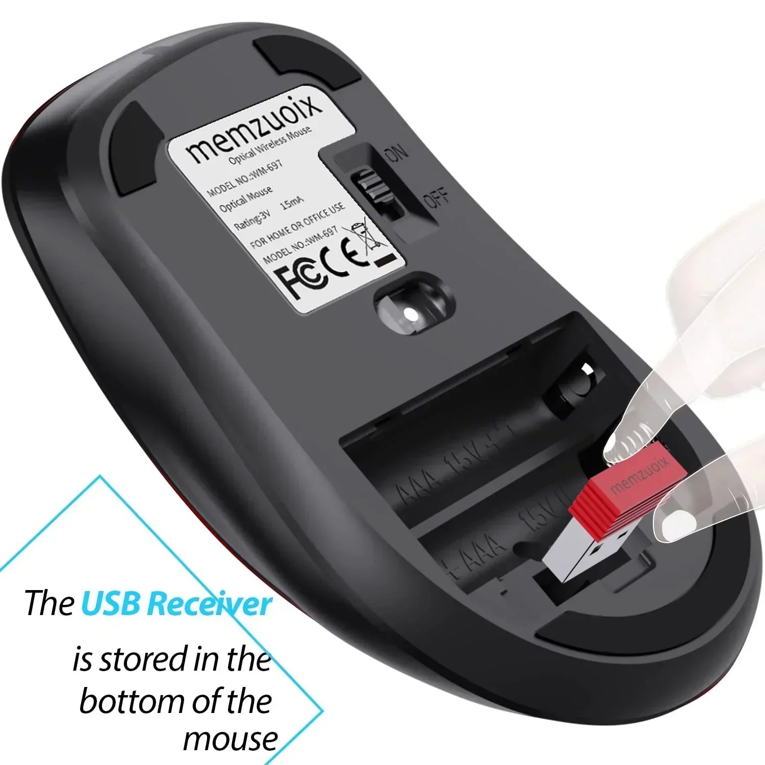 Wireless mouse underside showing USB receiver storage compartment and on-off switch