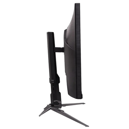 Side view of a black curved gaming monitor with adjustable stand on white background