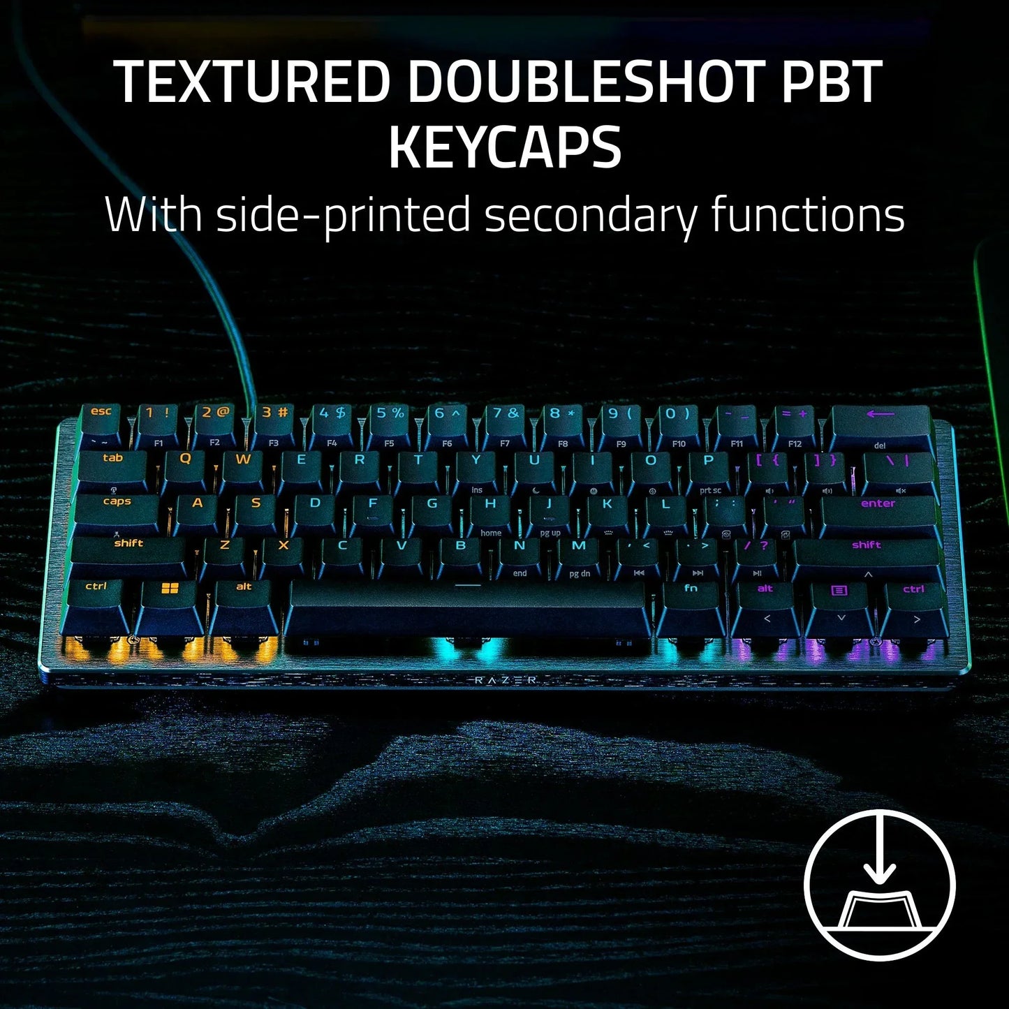 RGB gaming keyboard with textured doubleshot PBT keycaps and side-printed functions on desk