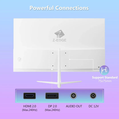 Back view of white Z-EDGE gaming monitor showing HDMI 2.0, DP 2.0, audio out, and DC 12V ports with 75x75mm VESA mount support
