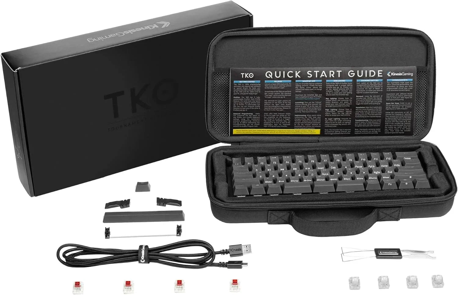 Kinesis TKO mechanical gaming keyboard set with accessories, USB cable, and quick start guide