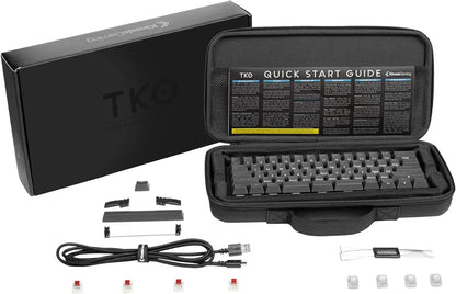 Kinesis TKO mechanical gaming keyboard set with accessories, USB cable, and quick start guide