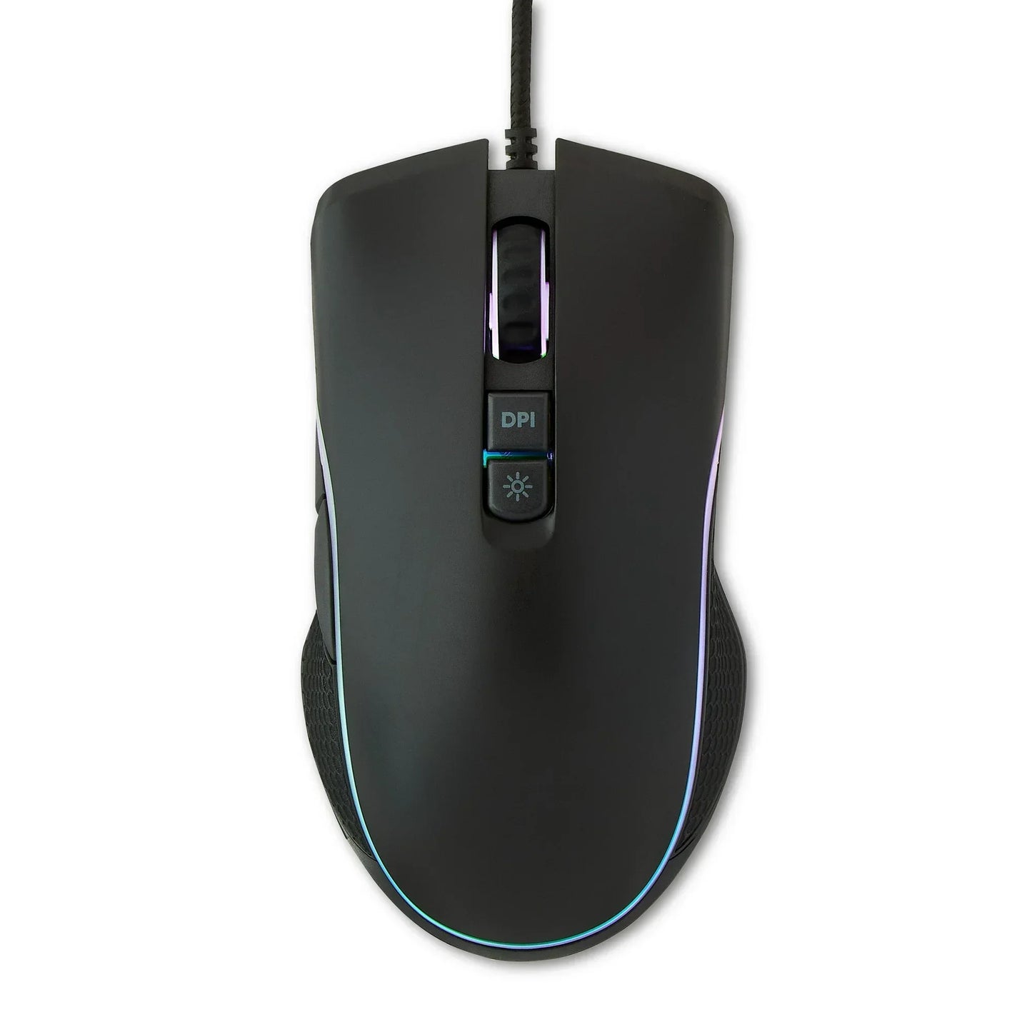 Wired black gaming mouse with RGB lighting and DPI adjustment button on white background