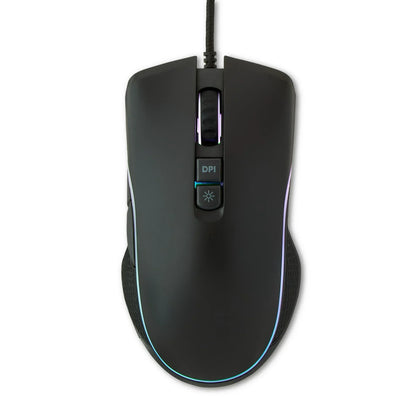Wired black gaming mouse with RGB lighting and DPI adjustment button on white background