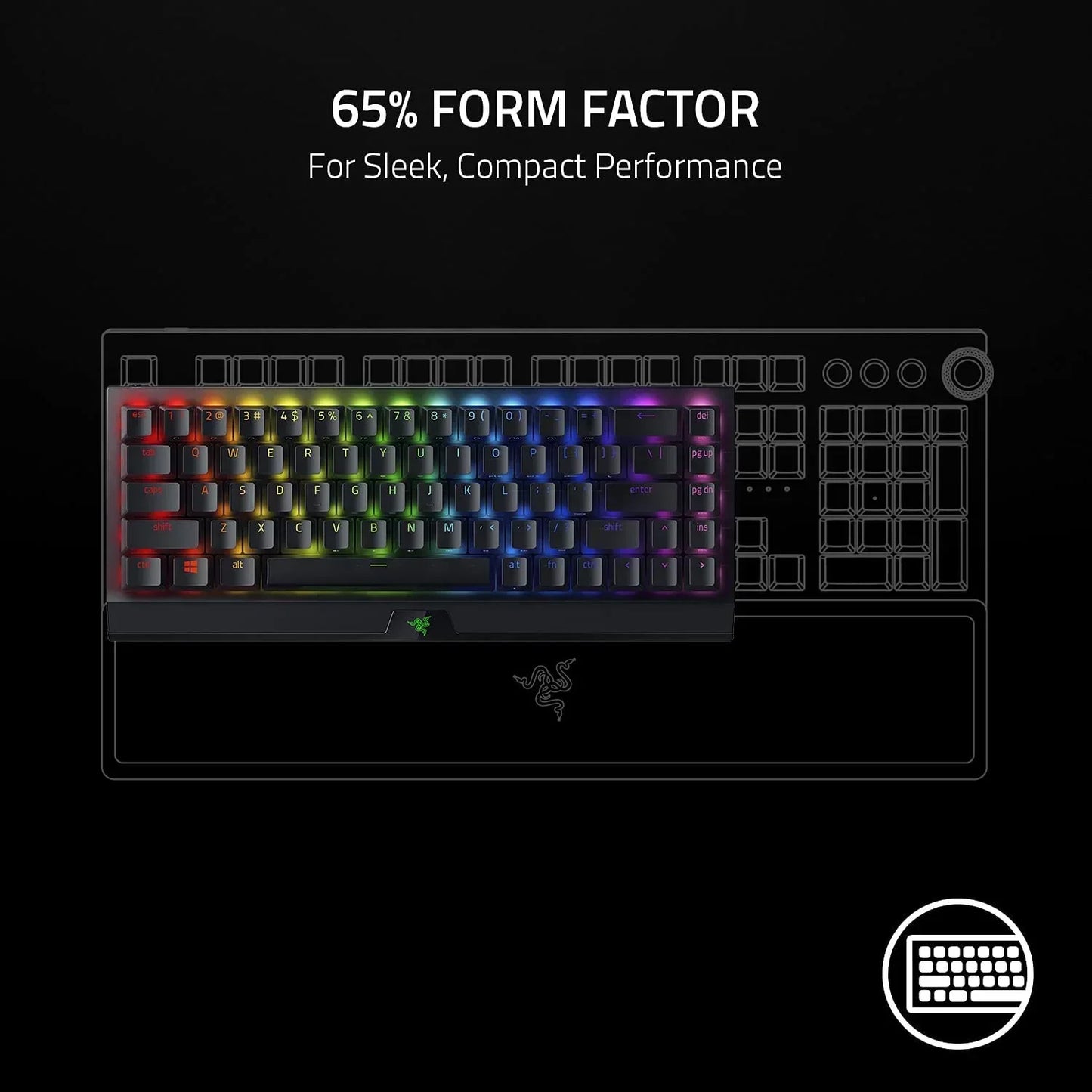 Compact RGB gaming keyboard with 65 percent form factor, sleek modern design on black background