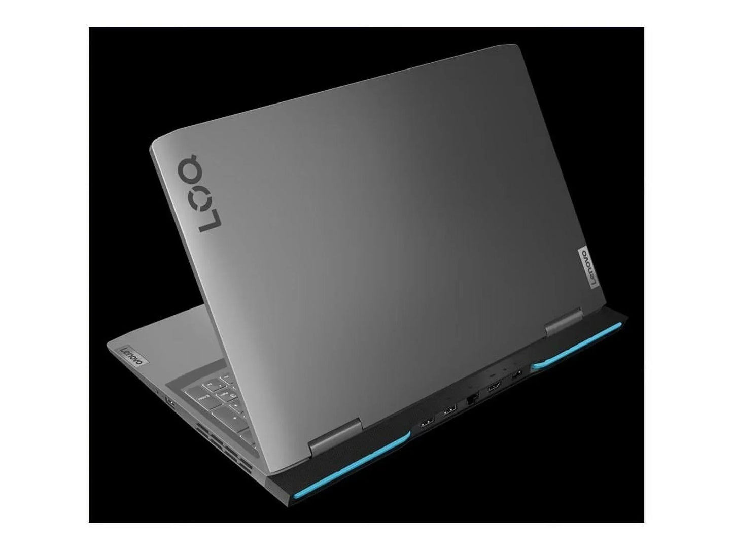Lenovo LOQ gray gaming laptop with illuminated accents, partially open on black background