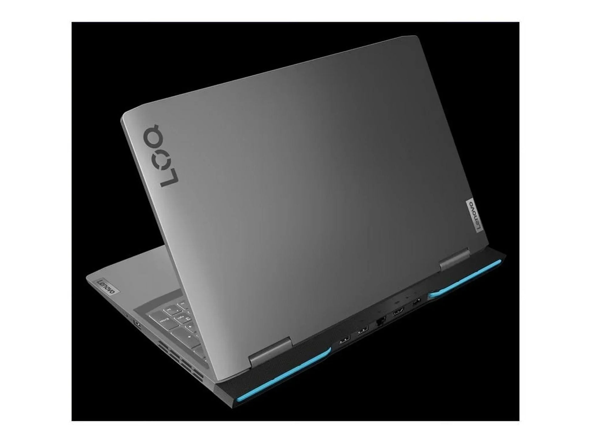 Lenovo LOQ gray gaming laptop with illuminated accents, partially open on black background