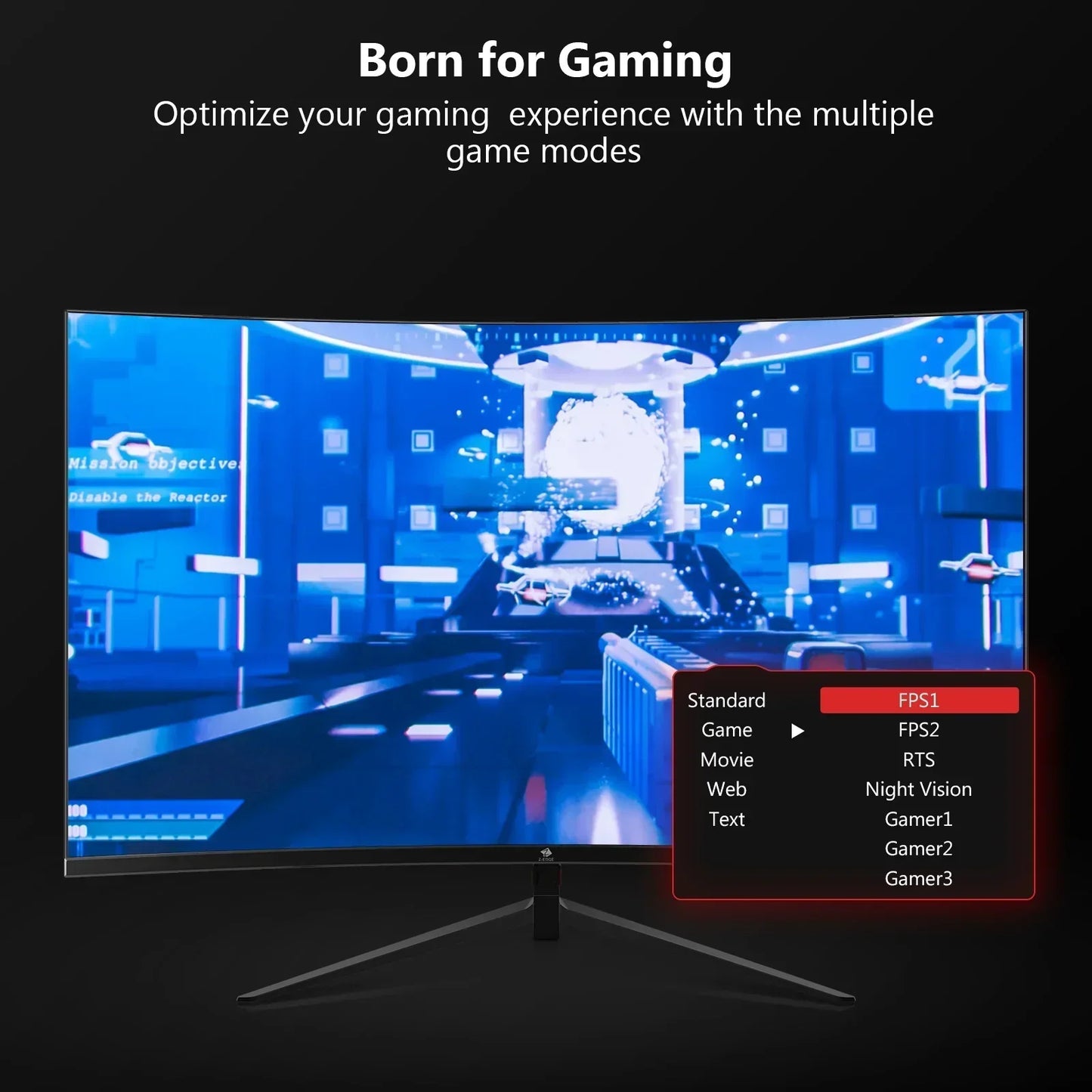 Curved gaming monitor displaying a futuristic FPS game with menu showing multiple game modes for optimized experience