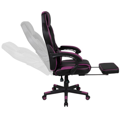 Black and purple gaming chair with footrest and adjustable recline for ergonomic comfort