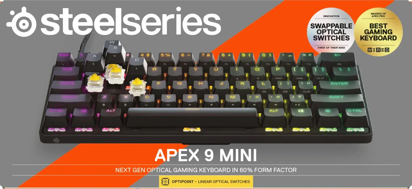 SteelSeries Apex 9 Mini optical gaming keyboard with RGB backlighting and swappable switches