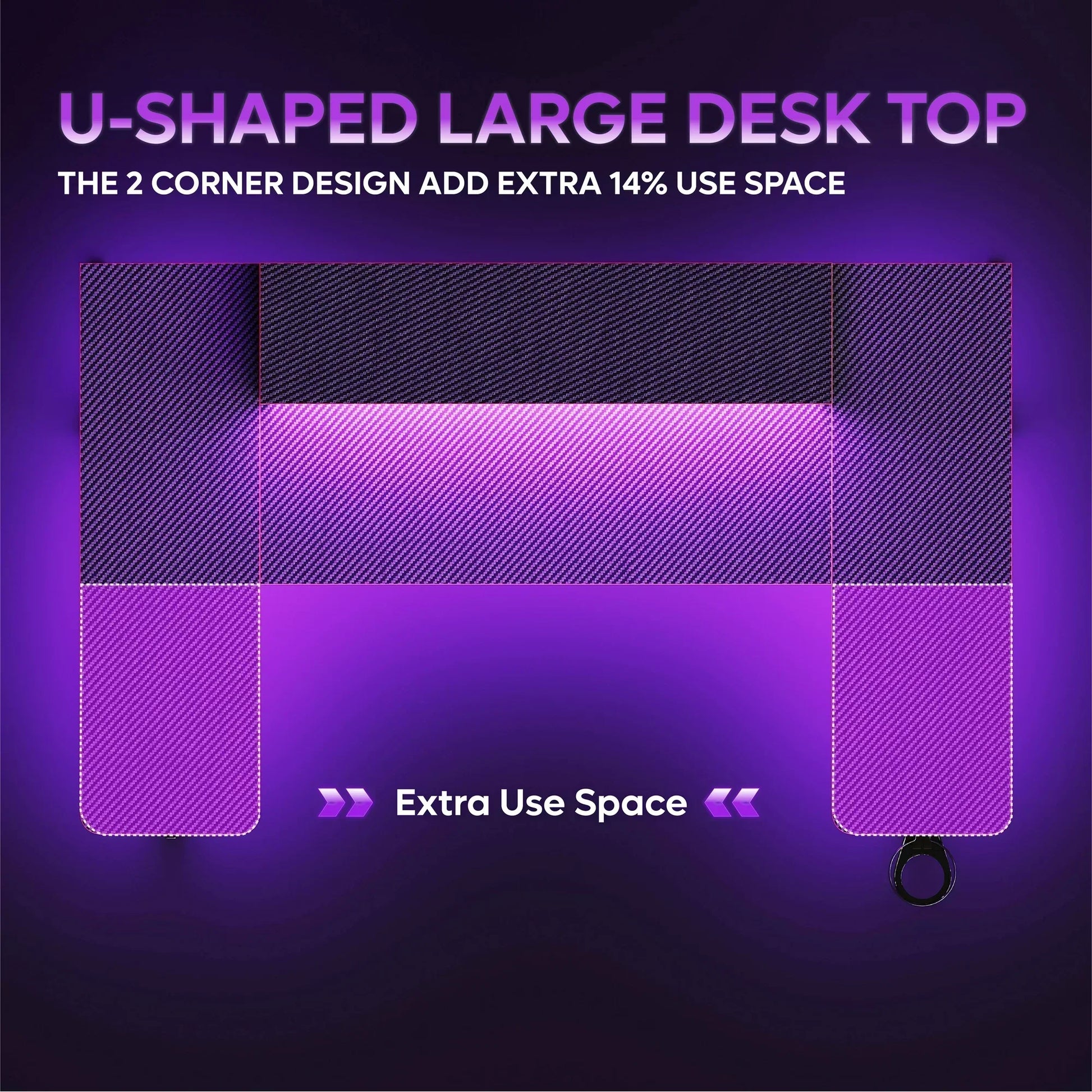 Top view of a U-shaped large desk with two corner extensions highlighting extra 14% use space