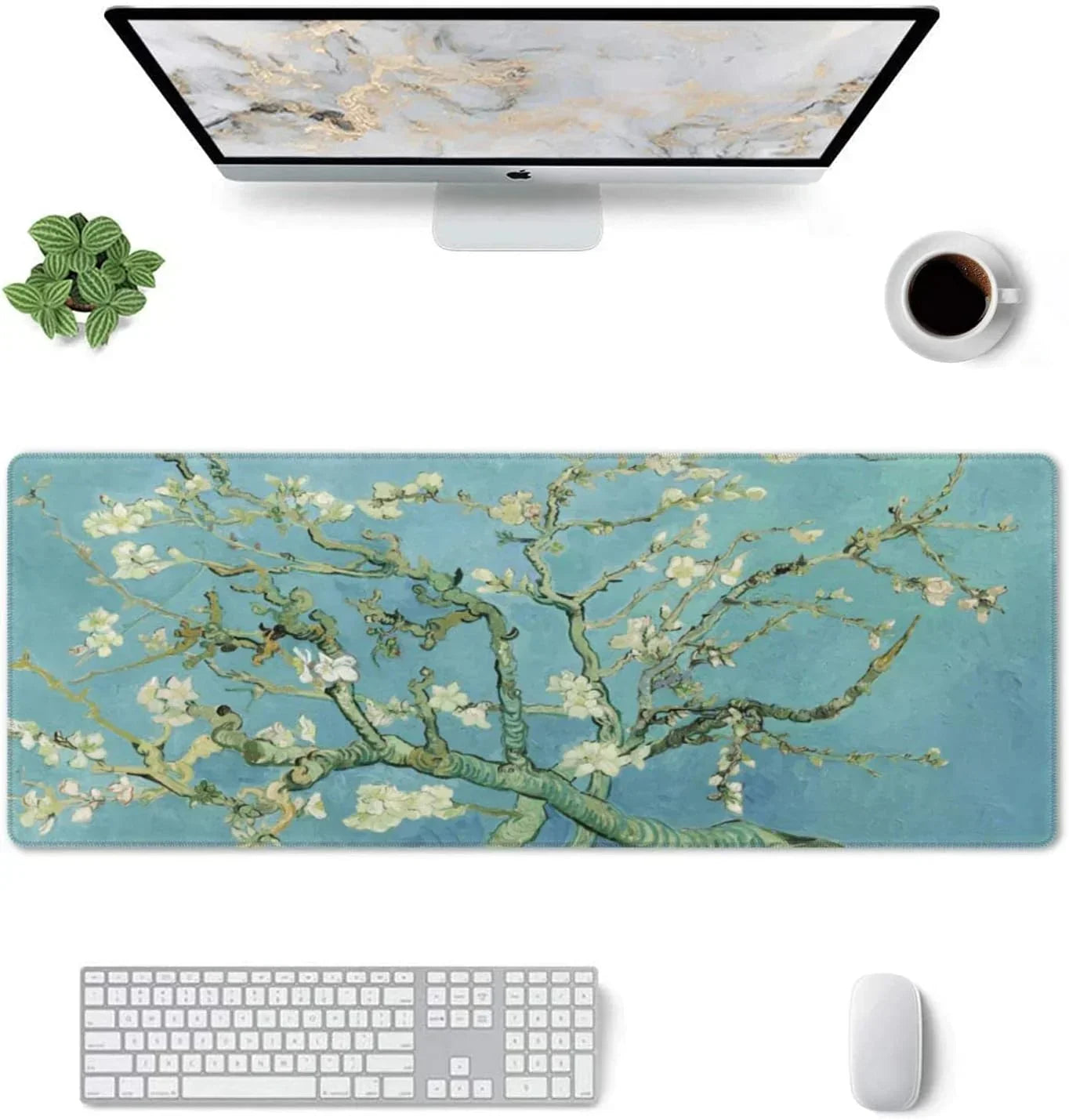 Wide desk mouse pad with Vincent van Gogh's almond blossom design, white keyboard, mouse, iMac, plant, and coffee cup