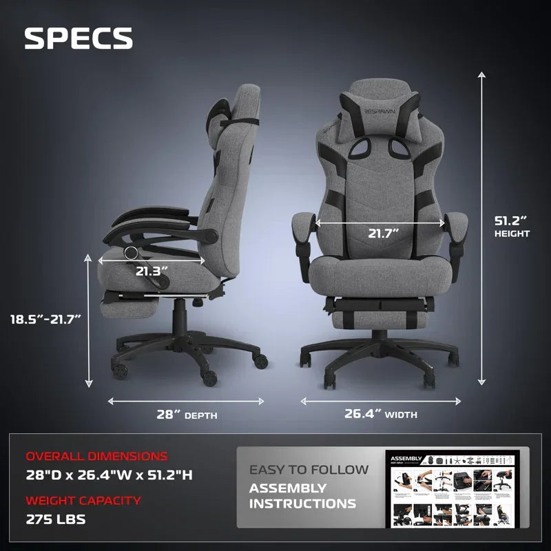 Gray gaming chair with specs: 51.2” height, 26.4” width, 28” depth, 275 lbs capacity, easy assembly