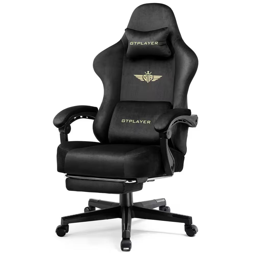 Black GTPLAYER gaming chair with gold logo, ergonomic design, and adjustable armrests for PC setup comfort.
