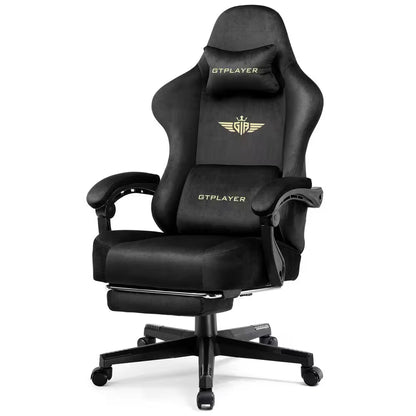 Black GTPLAYER gaming chair with gold logo, ergonomic design, and adjustable armrests for PC setup comfort.