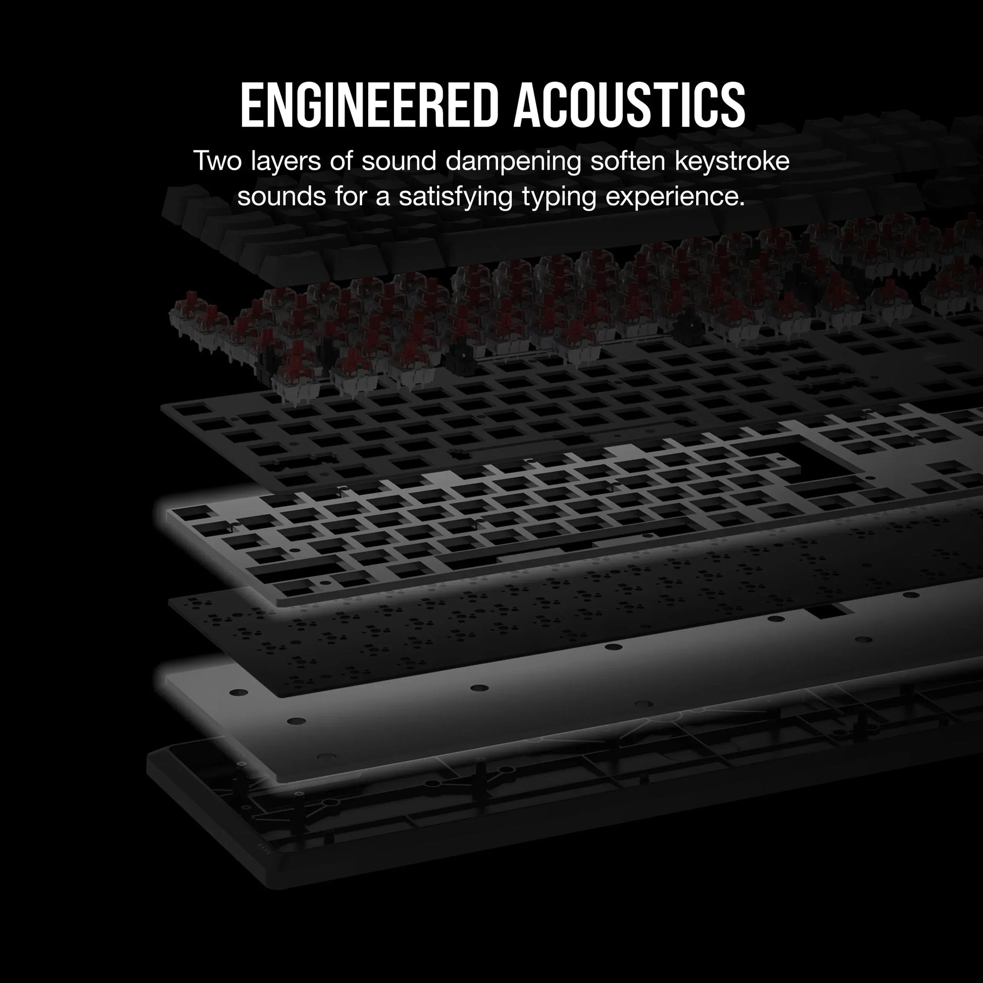 Exploded keyboard diagram showing sound dampening layers for a quiet gaming typing experience