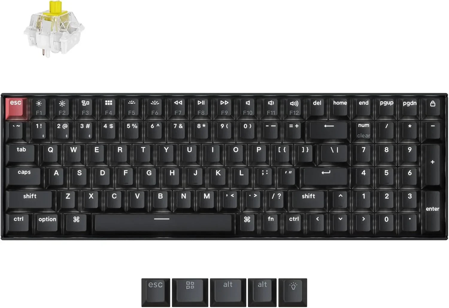 Mechanical gaming keyboard with black keys, red ESC key, RGB switch, and extra keycaps from Byte Style