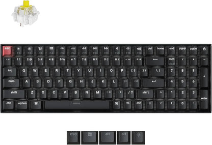 Mechanical gaming keyboard with black keys, red ESC key, RGB switch, and extra keycaps from Byte Style