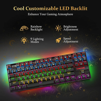 RGB backlit gaming keyboard with customizable LED lighting, Redragon branding, and 9 lighting modes