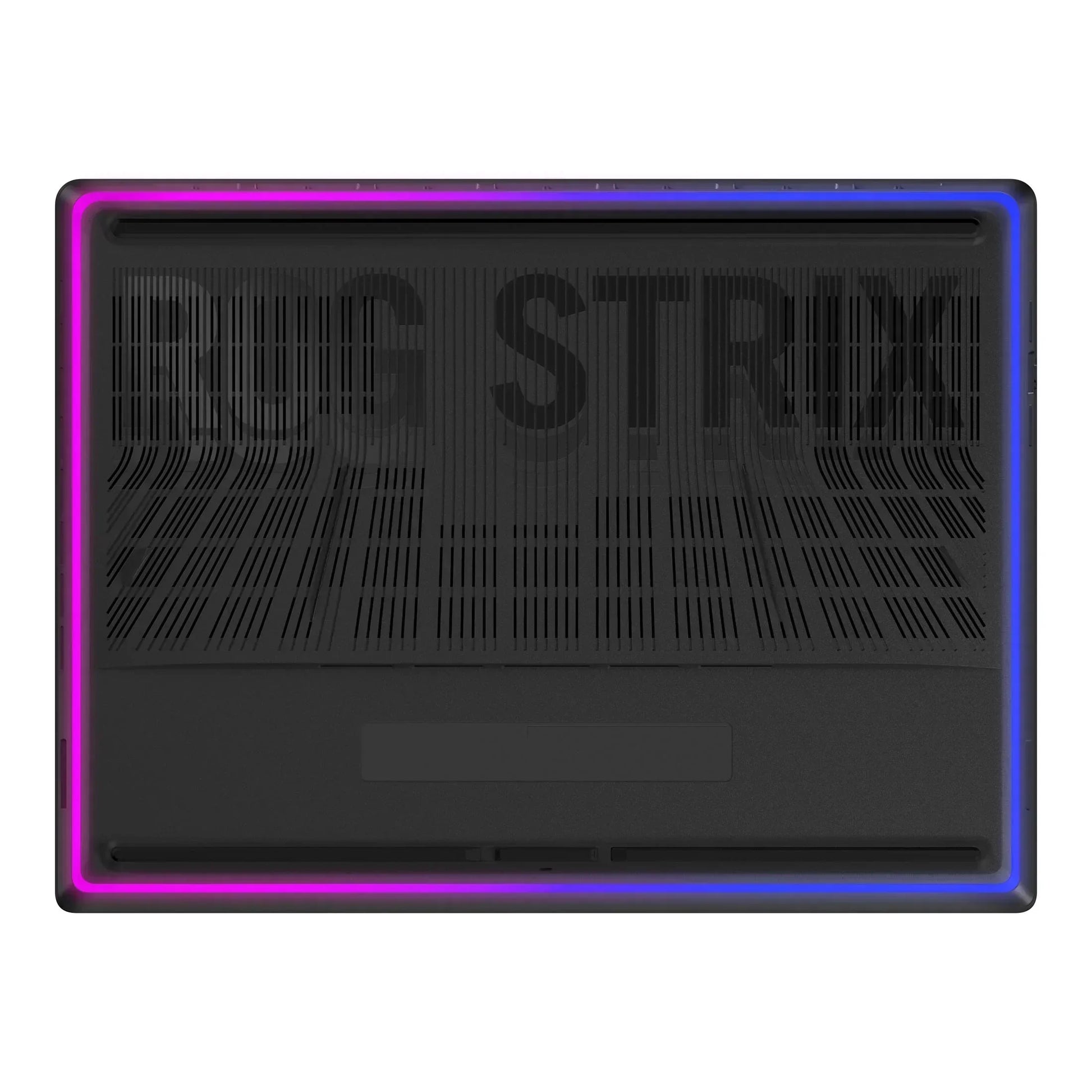 RGB-backlit gaming laptop bottom view with ROG STRIX branding and ventilation slots