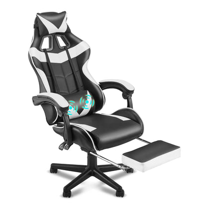Black and white gaming chair with lumbar support, footrest, and massage feature for ergonomic comfort