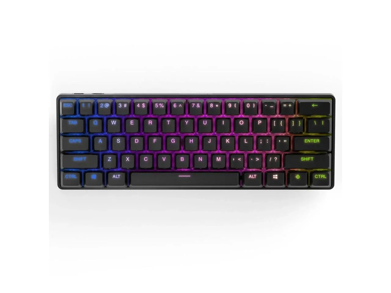 RGB backlit compact mechanical gaming keyboard with blue, purple, and green lighting on white background
