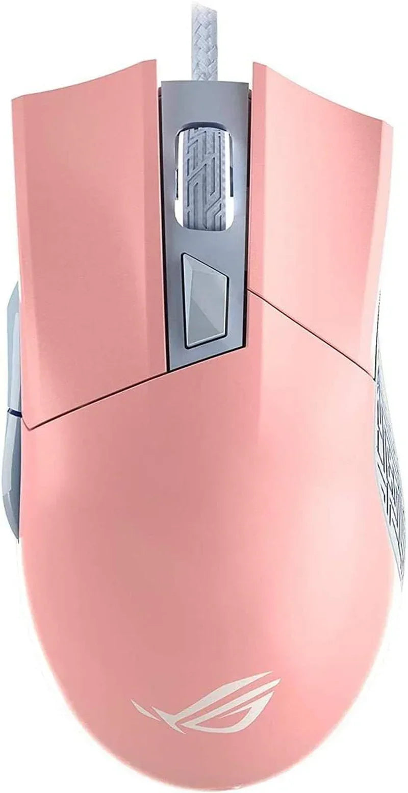 Top view of pink gaming mouse with braided cable and textured scroll wheel featuring a white logo