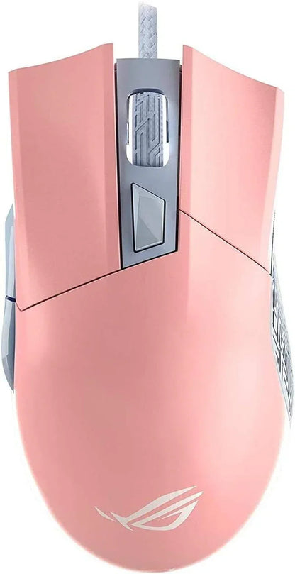 Top view of pink gaming mouse with braided cable and textured scroll wheel featuring a white logo