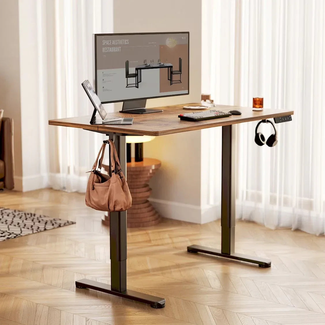 48" Electric Standing Desk - Adjustable Height Stand up Home Office Desk, Sit to Stand Desk with Splice Board, Rustic Brown Computer Table for Corner Small Space