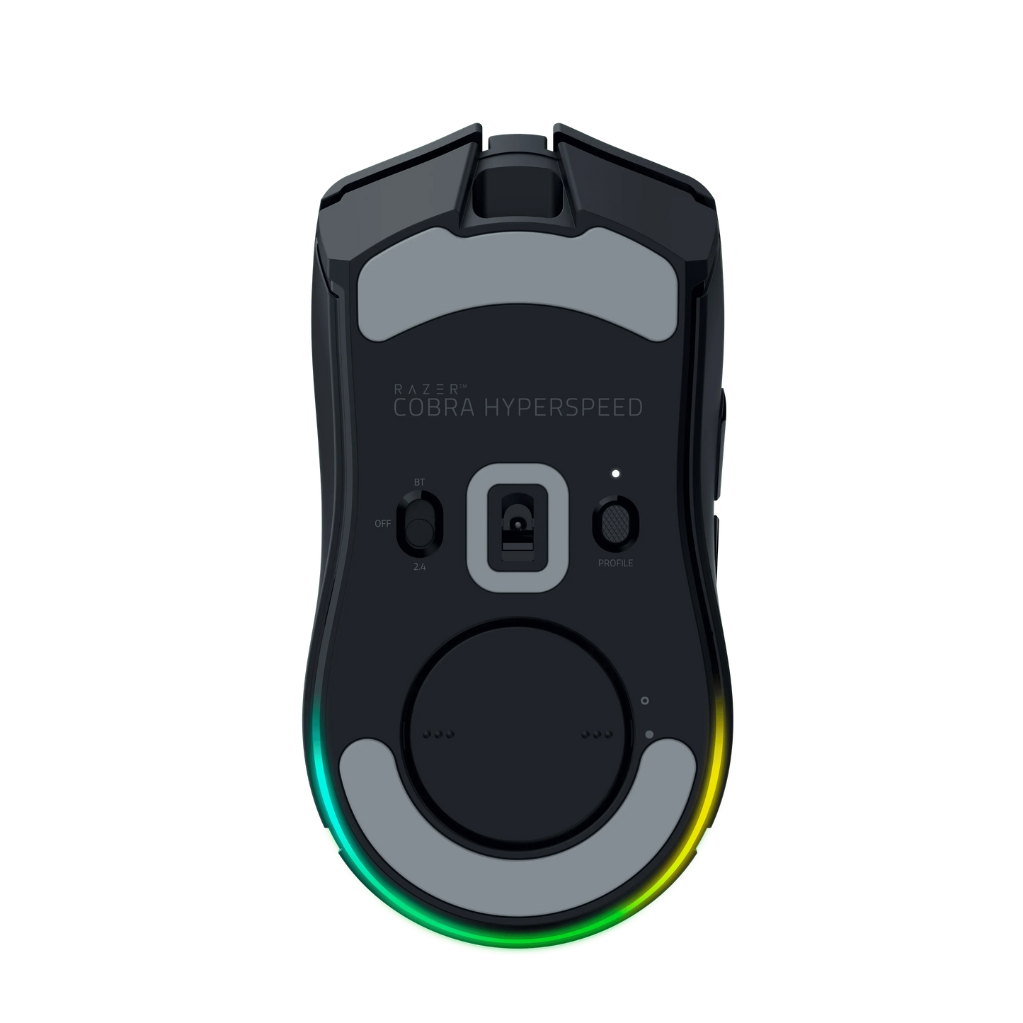 Bottom view of Razer Cobra Hyperspeed wireless gaming mouse with RGB lighting and glide pads