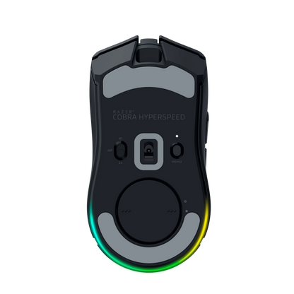 Bottom view of Razer Cobra Hyperspeed wireless gaming mouse with RGB lighting and glide pads