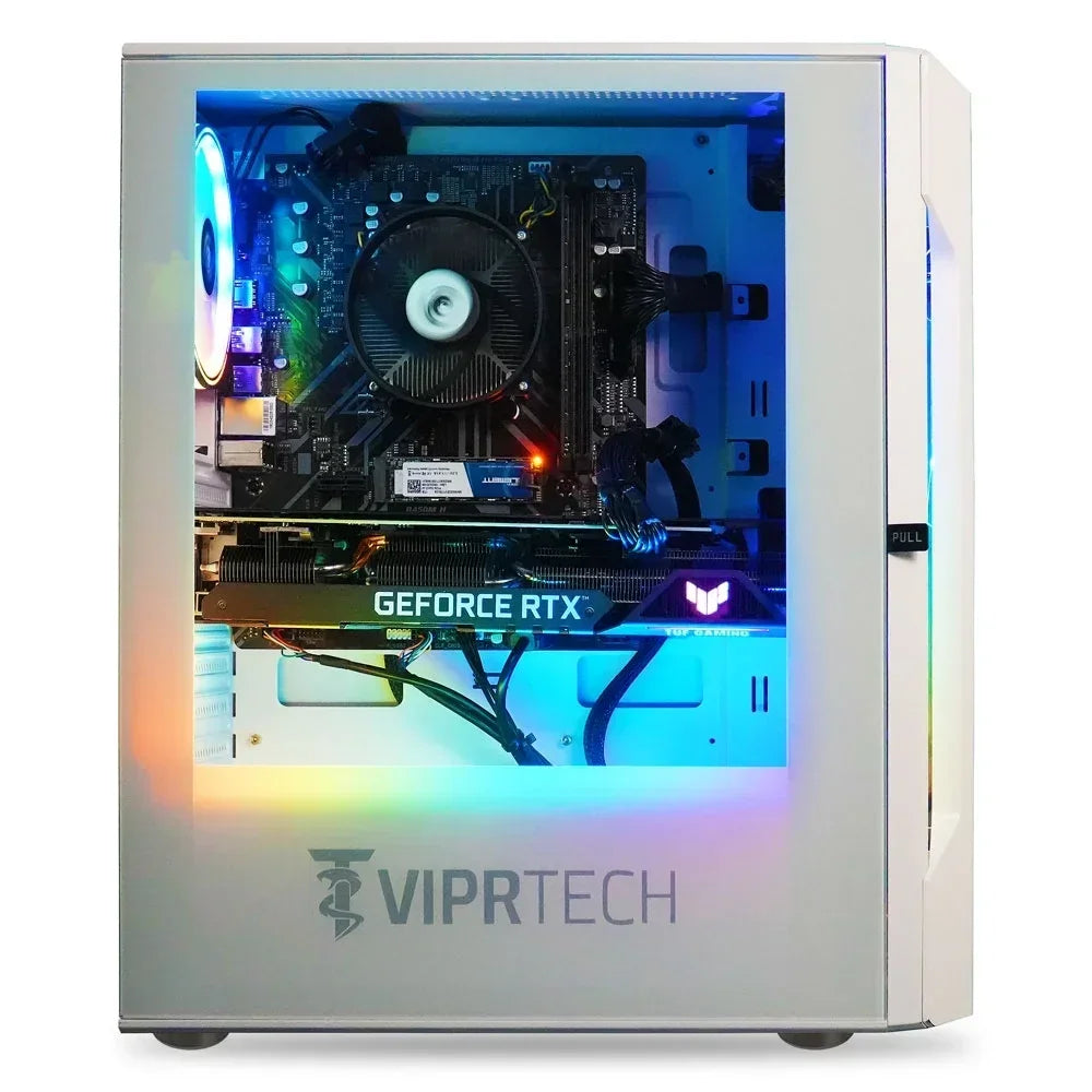White VIPRTech gaming PC with GeForce RTX graphics card and RGB interior lighting