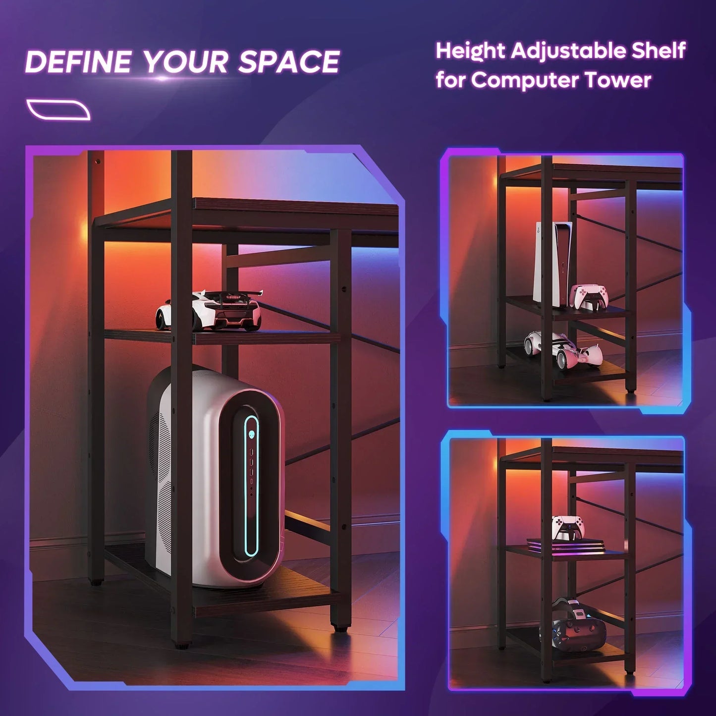 Height adjustable metal shelf for computer tower with toys and gaming console accessories