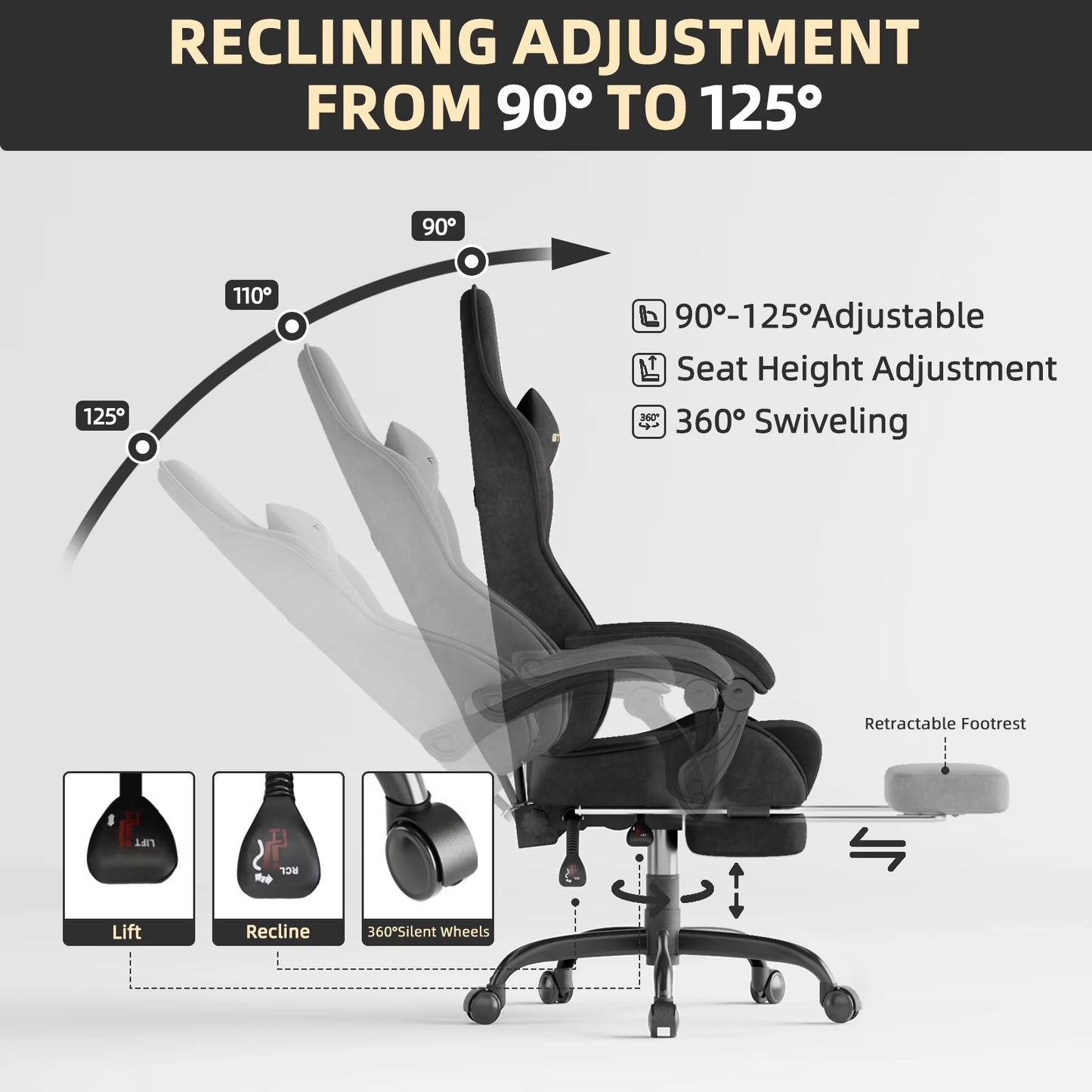 Gaming chair with 90°-125° recline, height adjustment, 360° swivel, and retractable footrest for ergonomic comfort.