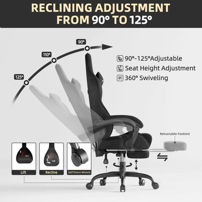 Gaming chair with 90°-125° recline, height adjustment, 360° swivel, and retractable footrest for ergonomic comfort.