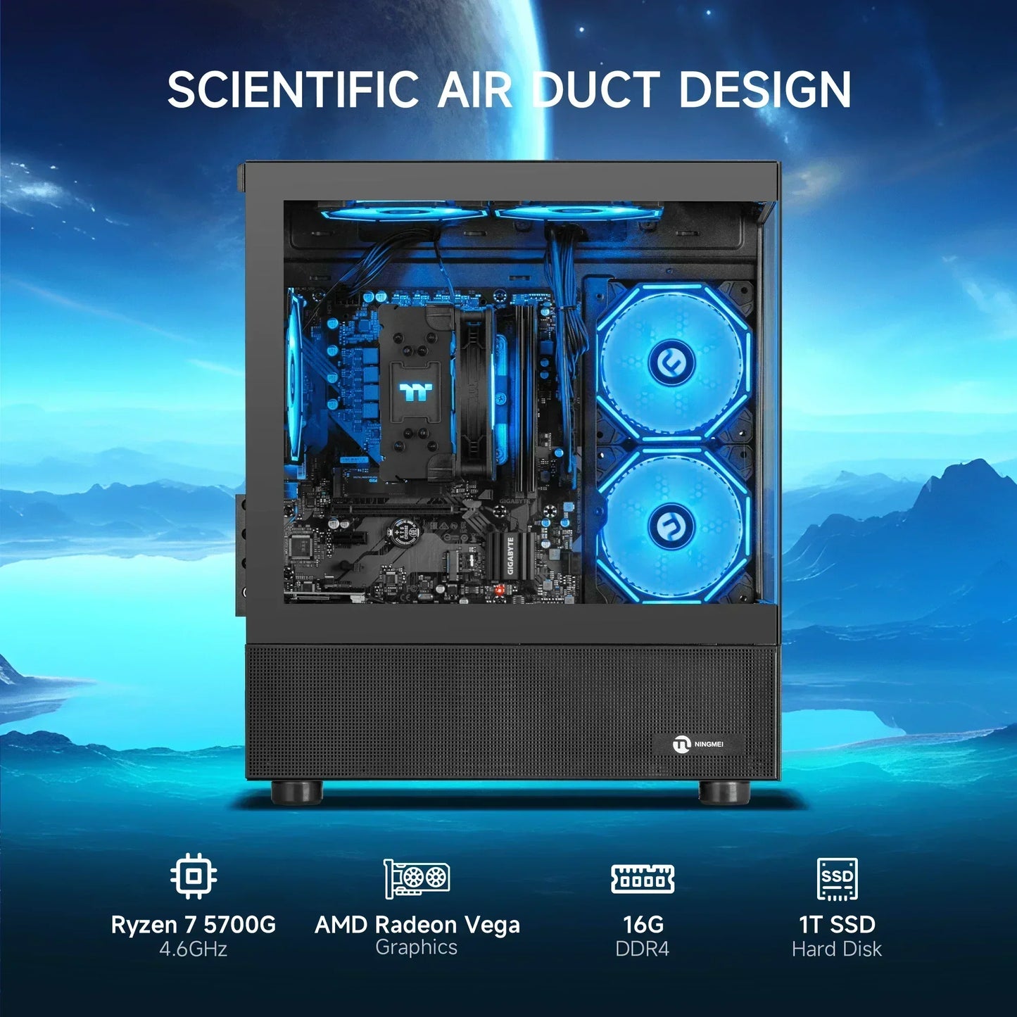 Gaming PC with blue LED fans, Ryzen 7 5700G, Radeon Vega, 16GB DDR4, 1TB SSD