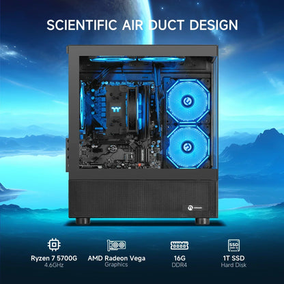 Gaming PC with blue LED fans, Ryzen 7 5700G, Radeon Vega, 16GB DDR4, 1TB SSD