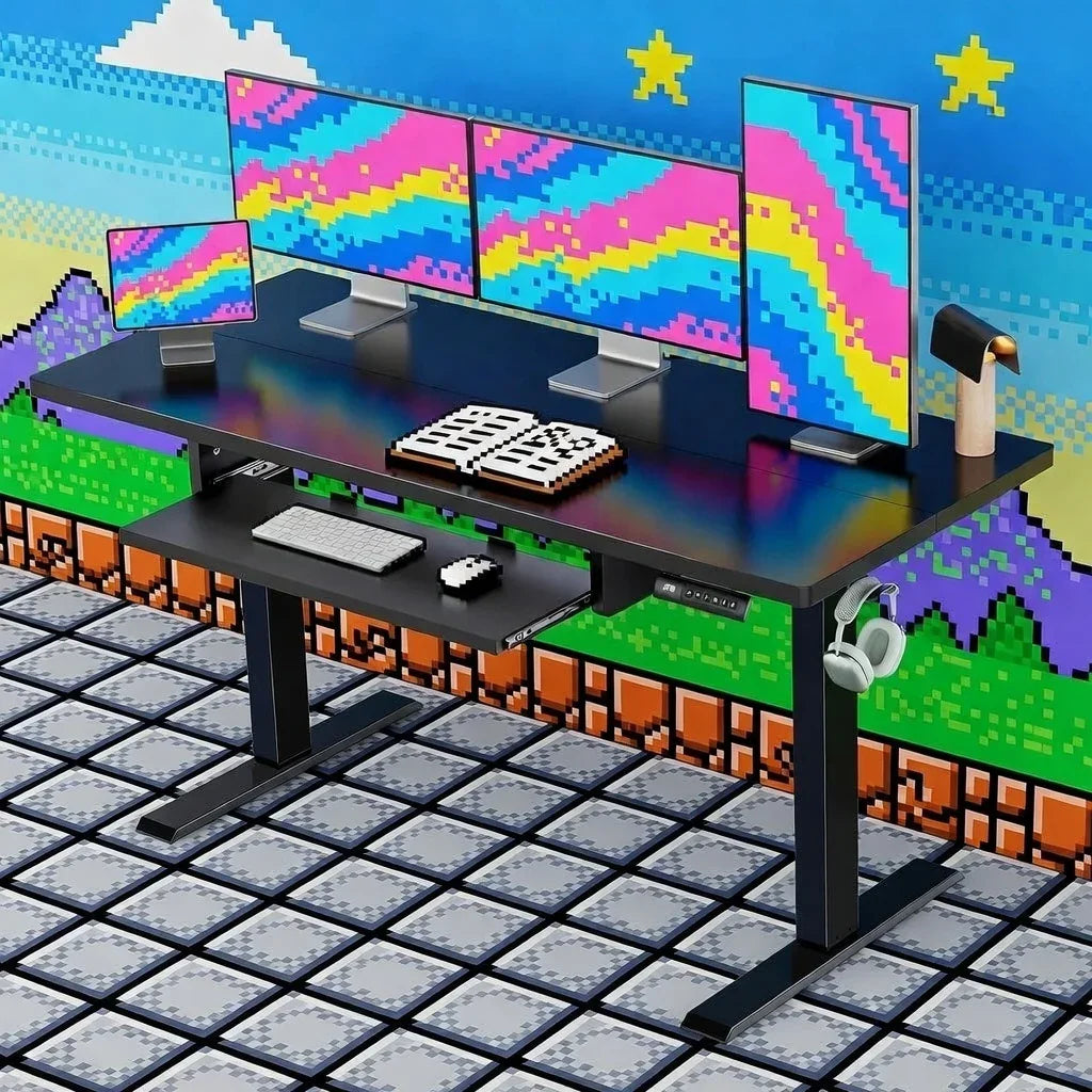Retro gaming desk setup with three monitors, pixel art decor, and gaming accessories