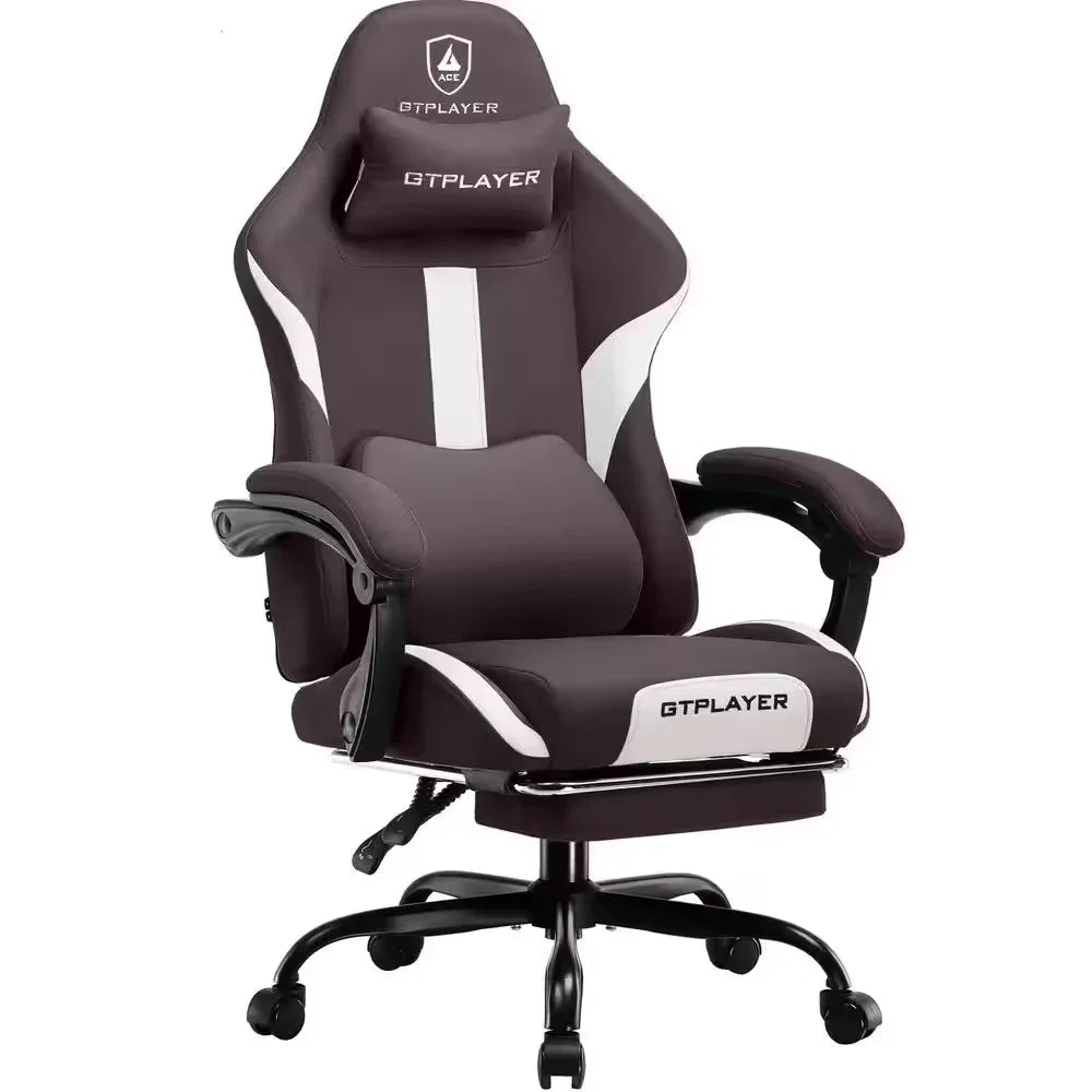 Black and white GTPLAYER gaming chair with ergonomic design, adjustable armrests, and wheels