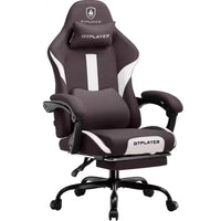 Black and white GTPLAYER gaming chair with ergonomic design, adjustable armrests, and wheels