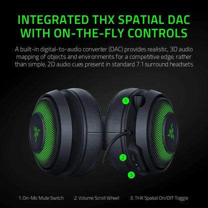 Black gaming headset with green earcup accents, on-mic mute switch, volume wheel, and THX spatial audio controls.