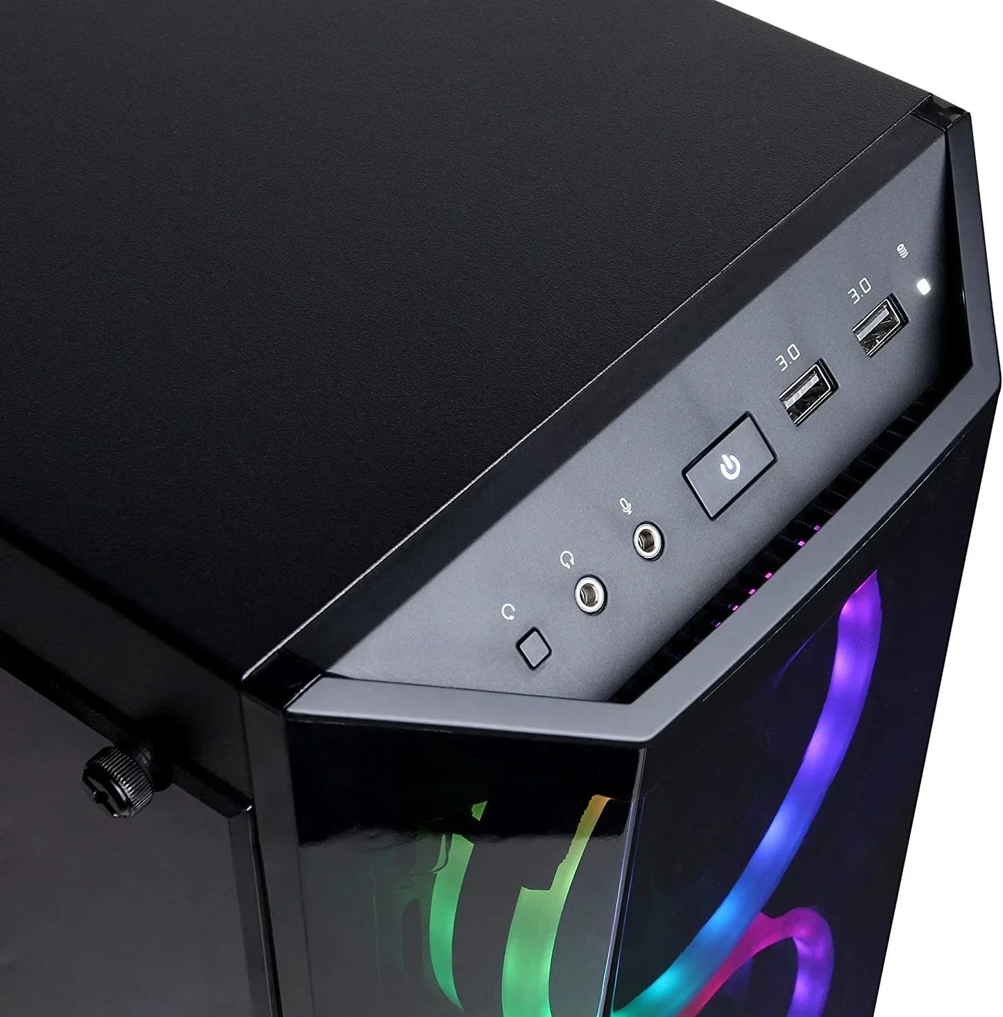 Gaming PC case with RGB lighting, USB 3.0 ports, and glass side panel