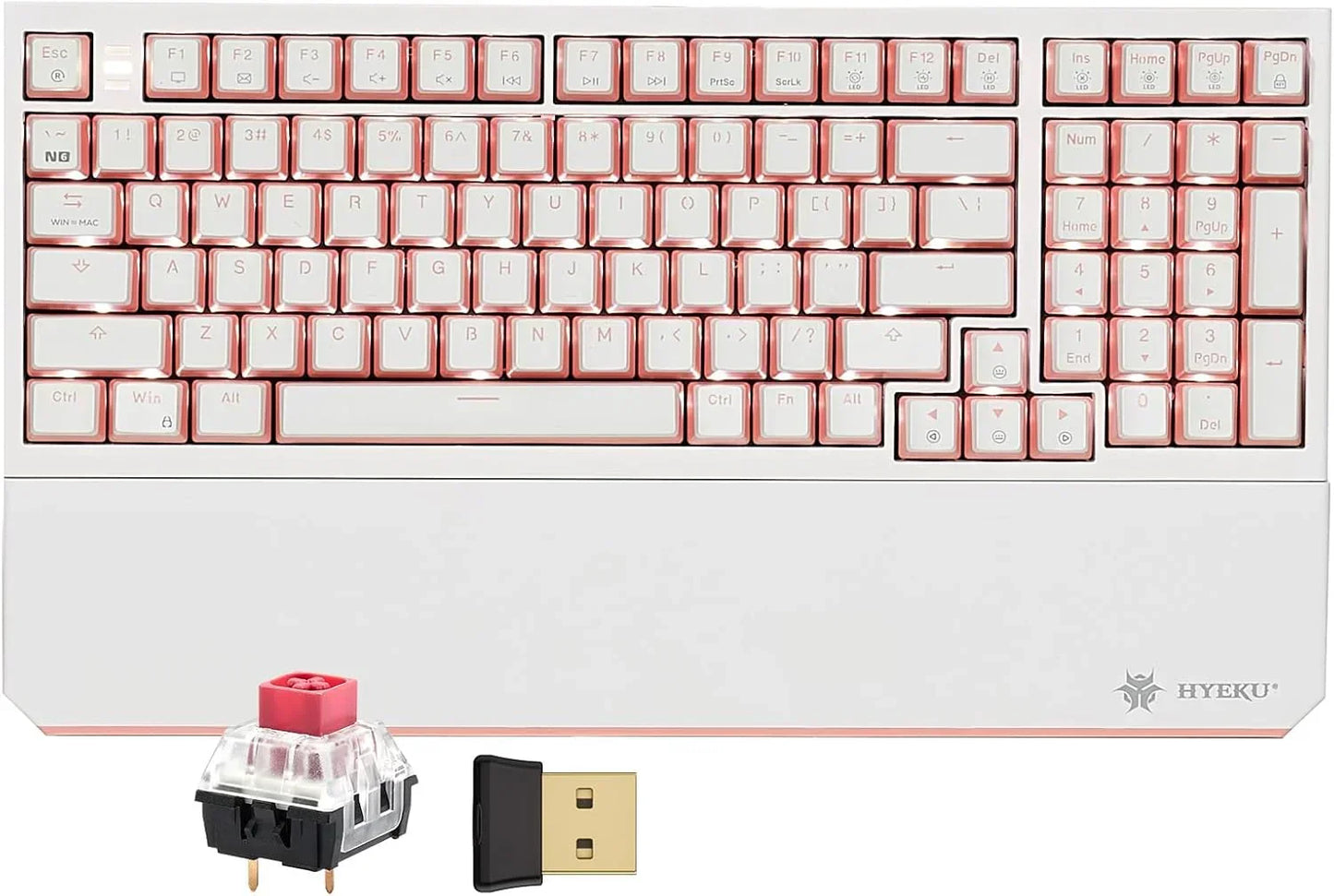 White and pink mechanical gaming keyboard with wrist rest, red switch, and USB dongle