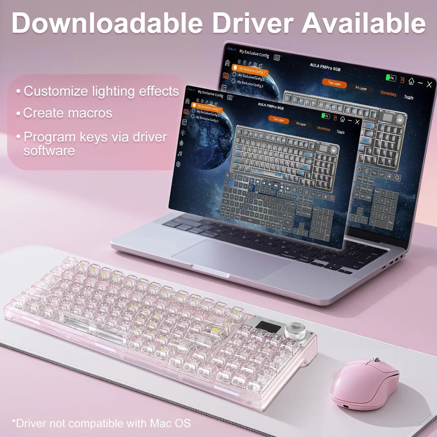 Transparent RGB gaming keyboard and pink mouse on desk with driver software open on laptop